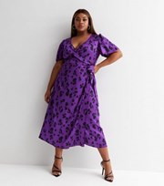 New Look Curves Purple Floral Satin V Neck Short Sleeve Midi Wrap Dress
